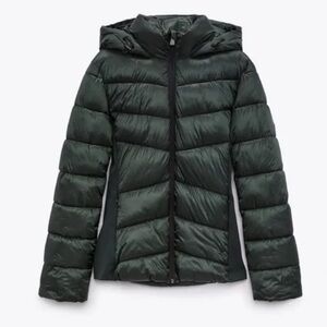 New Zara Green Hooded Puffer Jacket coat